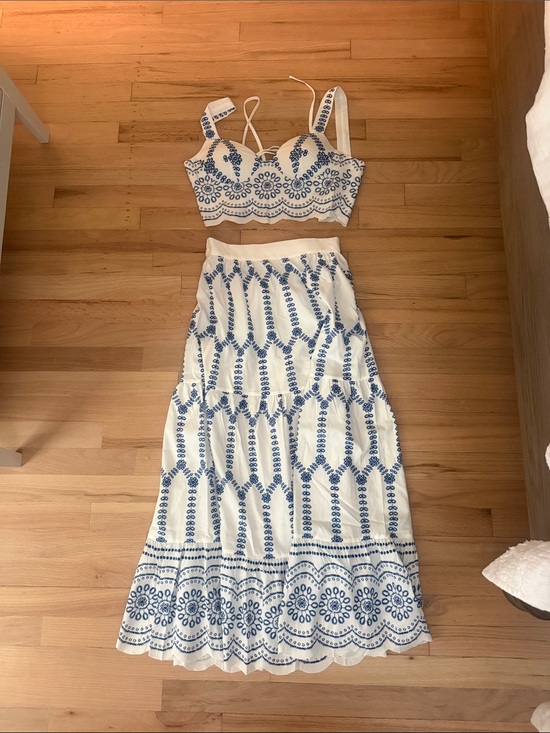 Commense Dresses & Skirts - Commense White and Blue Embroidered Two-Piece Skirt Set